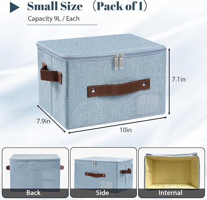 ANMINY Storage Bins with Zipper Lid Storage Boxes with Label Holder PU Leather Handles Washable Foldable Decorative Lidded Cotton Linen Fabric Cubes Baskets Closet Organizer - Blue, Small