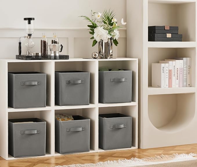 MAX Houser 6 Pack Foldable Fabric Storage Bins with Handles - Ideal for Closet Organization, Bedroom (Grey, 10.5"x10.5"x11")