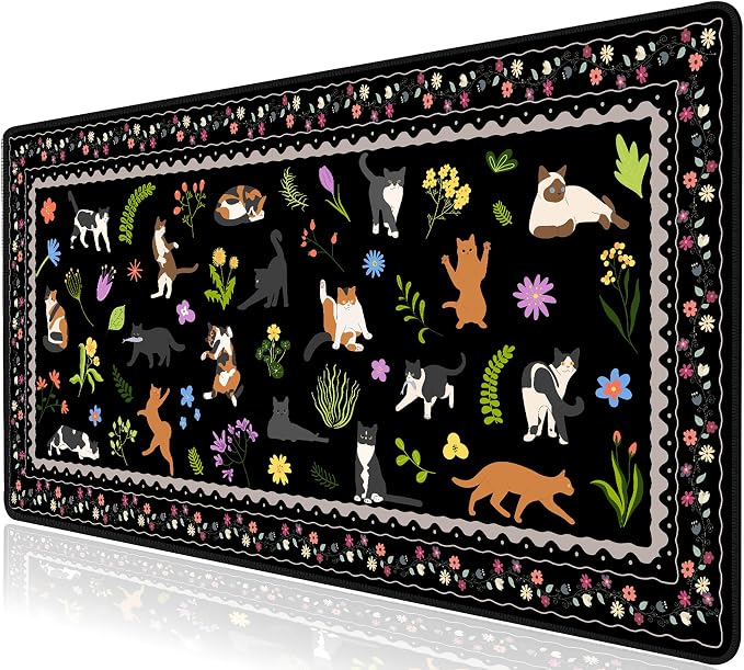 L-SPOUTTO Cute Cat Desk Mat for Keyboard and Mouse,XXL Large Mouse Pad Non-Slip Keyboard Pad Waterproof Desktop Mat for Laptop Computer Work Game Home Office-Cats Black