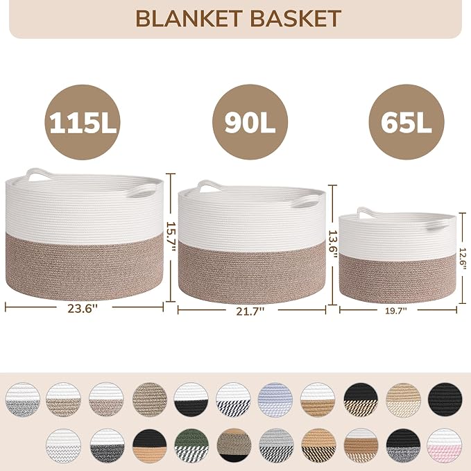 INDRESSME 115L Extra Large Storage Baskets for Organizing, Blanket Basket Living Room Dog Toy Bin, Wicker Storage Woven Laundry Basket for Pillows, Towel Shoes Entryway, Mix Black