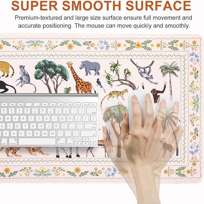 L-SPOUTTO Jungle Animal Desk Mat for Keyboard and Mouse,XXL Large Mouse Pad | Cute Non-Slip Keyboard Pad Waterproof Desktop Mat for Laptop Computer Work Game Home Office-Ivory/Beige