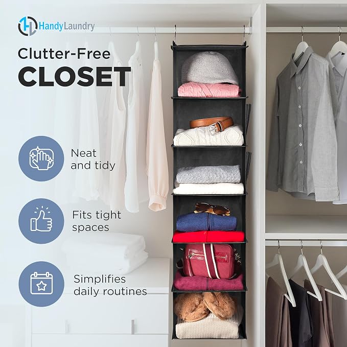 Hanging Closet Organizer - 6 Shelf Storage for Clothes, Sweaters, Shoes & Accessories - Space-Saving Wardrobe Shelves with Hooks for Dorm, RV & Small Closet Organization (Black) (Pack of 2)