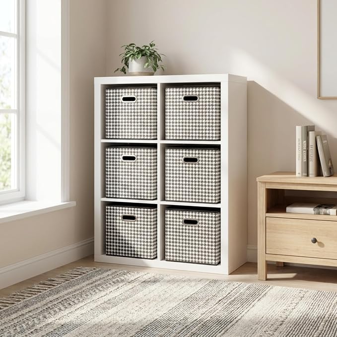 Household Essentials Foldable Fabric Storage Cubes 6-Pack – 11x11x11 Stackable Non-Woven Bins with Chipboard Sides & Grommet Handles – Closet, Shelf, Nursery, or Office Organizer – Houndstooth