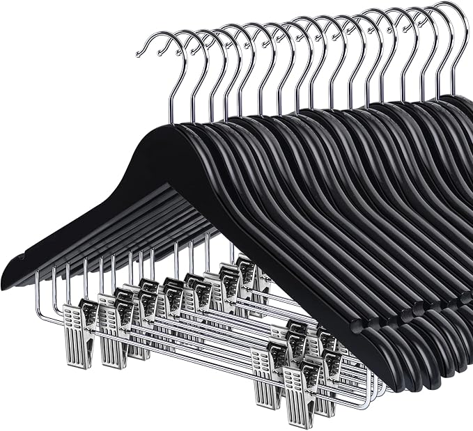 HOUÍSM Wooden Hangers with Clips, Heavy Duty Pants & Skirt Hangers, Solid Wood Clip Hangers for Trousers, Jeans, Clothes – Black, 16 Pack