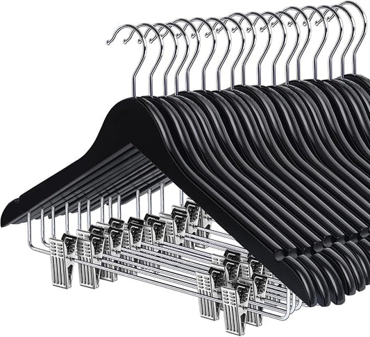 HOUÍSM Wooden Hangers with Clips, Heavy Duty Pants & Skirt Hangers, Solid Wood Clip Hangers for Trousers, Jeans, Clothes – Black, 16 Pack