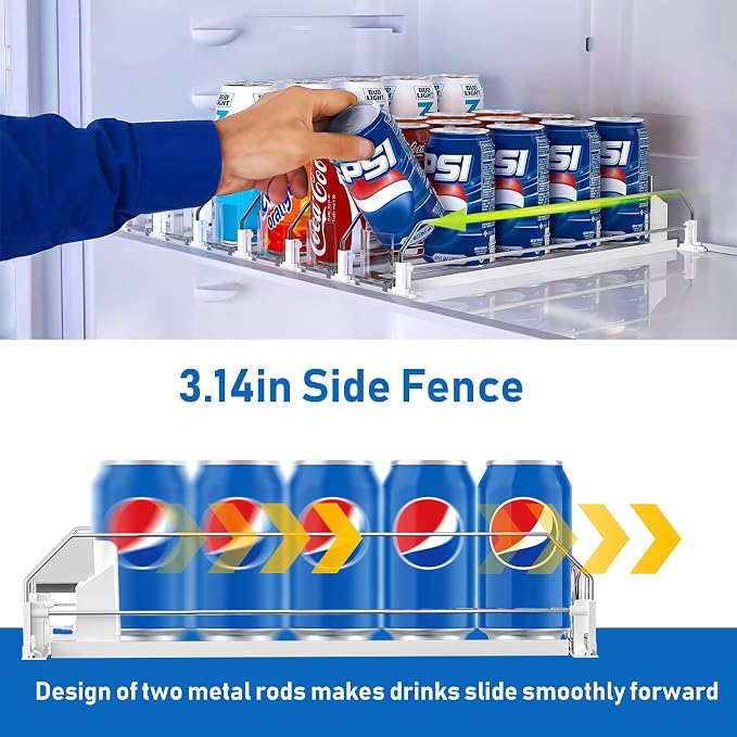 Drink Organizer for Fridge, Soda Can Organizer Dispenser for Refrigerator with Automatic Pusher Glide, Width Adjustable Clear Dividers Can Holder for 25 Cans, 15''D x16.6''W, 5 Rows