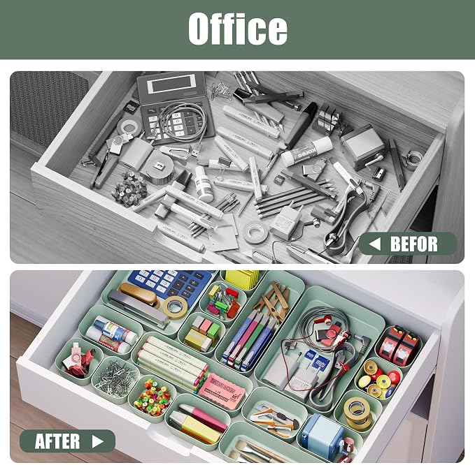 Drawer Organizers Bins 28 PCS for Bathroom Makeup Desk Office | with Non-slip Pads, 4 Sizes, Plastic Tray, Vanity Organizer, Kitchen Utensils Organizer