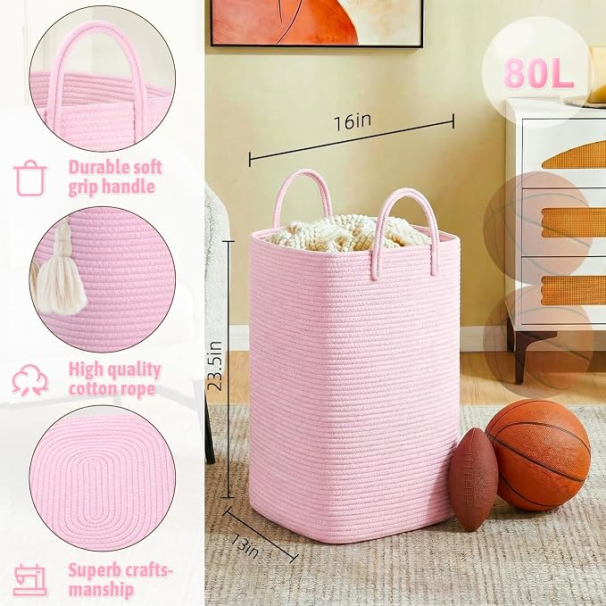 Artfeel Laundry Basket,Woven Cotton Rope Laundry Hamper,80L Versatile Storage for Dirty Clothes,Baby Toys,and Blankets in Bathroom, Nursery,and Living Room