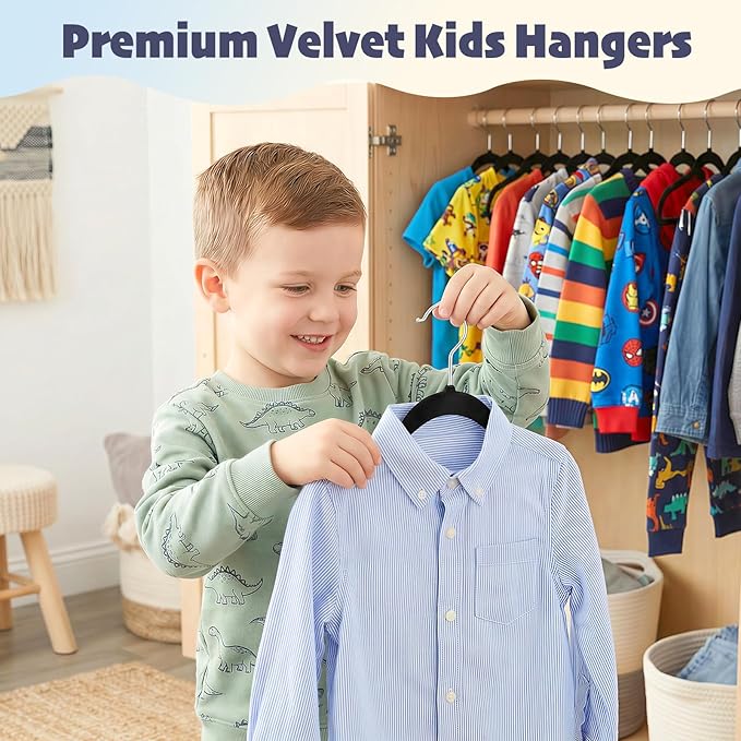 HOUSE DAY 11 Inch Velvet Baby Hangers 50 Pack Black, Premium Kids Hangers for Children/Infant/Toddler Clothes, Durable Non Slip Small Baby Felt Hanger for Closet, Ideal for Everyday Use