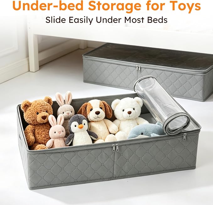 LotFancy Under Bed Storage Bags with Clear Window & Handles, 24” x 16” x 6" | Foldable Closet Organizers, Clothes Blankets Container, Space-saving Storage Bins, with Cardboard Support, Pack of 2, Gray
