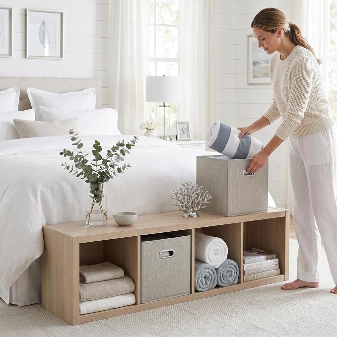 12x12 White Sand Fabric Storage Cubes, 4 Pack – Foldable Linen-Look Cube Organizer Bins with Handles, Collapsible Cubby Baskets for Closet, Shelves, Nursery, Dorm Room & Cube Storage