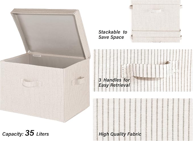 StorageWorks Fabric Storage Bins with Lid, Decorative Storage Boxes for Shelves, Stackable Closet Organizer Basket with Handles, Jumbo, Khaki and Beige Stripes, 2-Pack