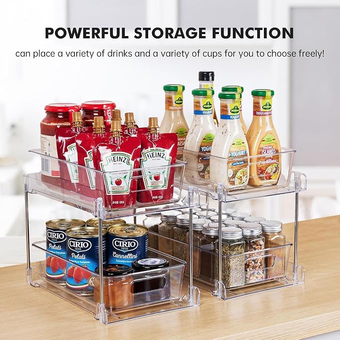 4 Pack Clear Bathroom Organizers and Storage, 2 Tier Pull Out Under Sink Cabinet Organizer Plastic Drawer Organization and Storage for Bathroom and Kitchen