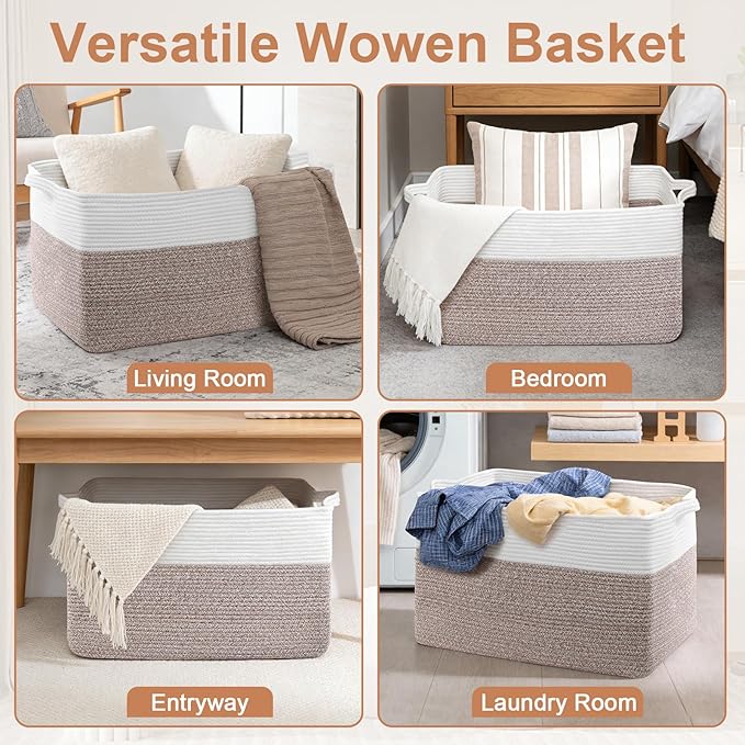 75L Extra Large Blanket Basket for Living Room - Cotton Rope Laundry Hamper Woven Baskets XXL Storage Bin with Handles for Dirty Clothes, Kids, Pets, Toys, Bedroom, 22" x 17" x 12", White & Brown
