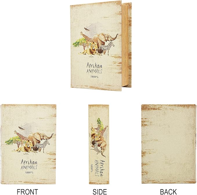 PACOLO Decorative Book Boxes, Faux Wood with Magnetic cover Storage for Hidden Jewelry, Money, and Cash (Afrikan animals)