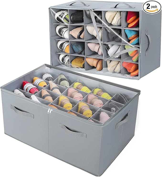 TOPIA HOME Shoe Organizer for Closet 2 Pack, Foldable Shoe Box with Adjustable Dividers and Clear Cover, Space Saving Shoe Storage Organizer Cabinet with Reinforced Handles, Fits 40 Pairs, Gray, TP11G