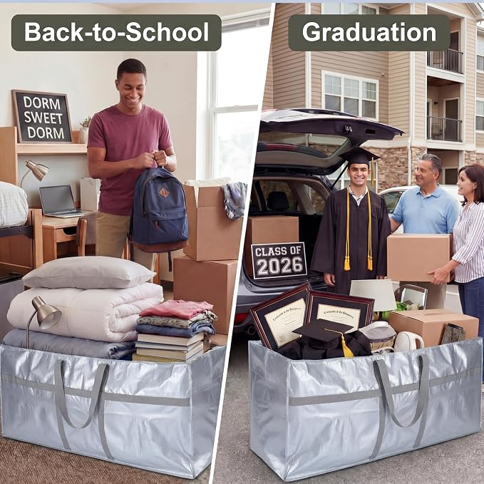 4 Pcs 66 Gallon Extra Large Moving Bags Heavy Duty Storage Bag with Strong Zipper Handle Foldable XXL Jumbo Storage Tote Packing Moving Box for College Dorm Travel Cloth Duffle (Silver)