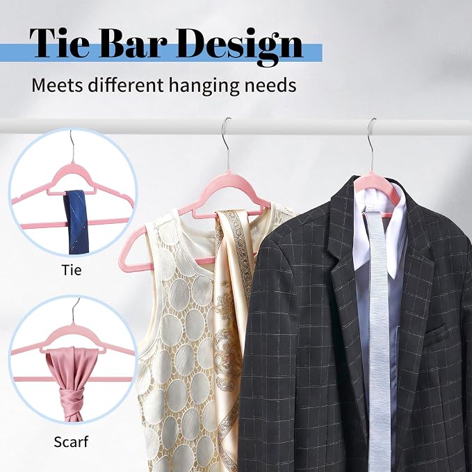 Smartor Pink Velvet Hangers 20 Pack, Space Saving Clothes Hanger with Tie Bar, Non-Slip Felt Hangers with Shoulder Notches, Heavy Duty Suit Hanger for Coat, Shirt, Pants, Dress | Non-slip Felt, Shoulder Notches and 360° Hooks Keep Suits, Dresses and Pa...