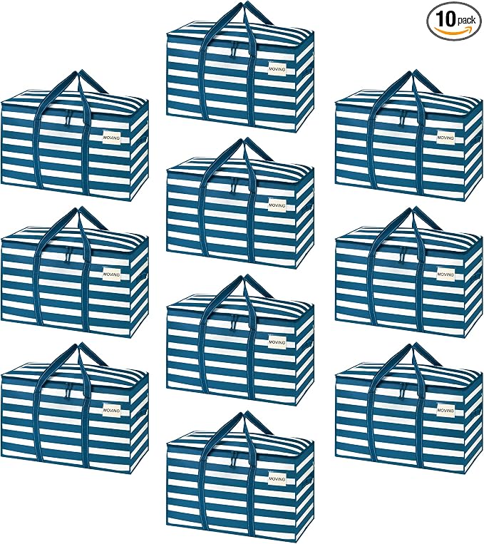 VENO 10 Pack Heavy Duty Moving Bags, Extra Large Storage Bags with Reinforced Handles & Strong Zippers, Foldable & Reusable Moving Box Alternative for Clothes & Dorm Storage