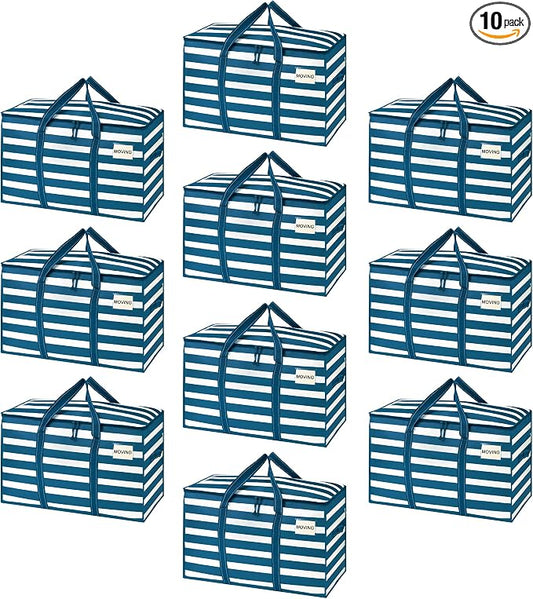 VENO 10 Pack Heavy Duty Moving Bags, Extra Large Storage Bags with Reinforced Handles & Strong Zippers, Foldable & Reusable Moving Box Alternative for Clothes & Dorm Storage