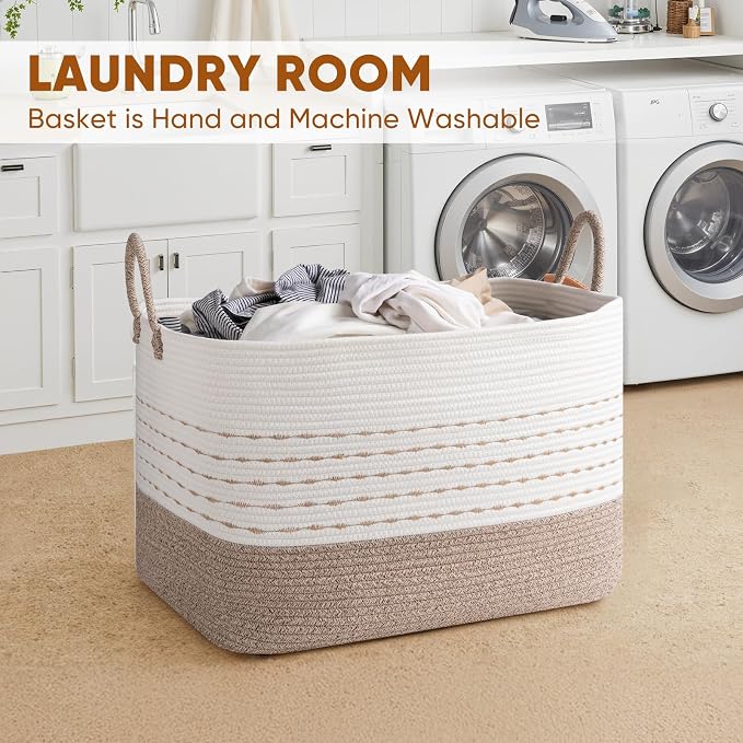 OIASKET XXL Large Blanket Basket for Living Room, 108L Woven Storage Baskets for Organizing, Rectangle Cotton Rope Basket Toy Chest With Handles--Brown & White