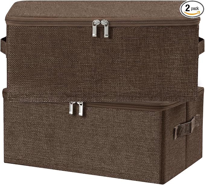 ANMINY 2PCS Storage Bins with Zipper Lids 13 Qt Lidded Fabric Storage Boxes Baskets Cubes with Handles Collapsible Washable Cotton Linen Closet Shelf Clothes Organizer Containers - Coffee, Small