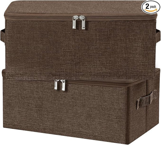 ANMINY 2PCS Storage Bins with Zipper Lids 13 Qt Lidded Fabric Storage Boxes Baskets Cubes with Handles Collapsible Washable Cotton Linen Closet Shelf Clothes Organizer Containers - Coffee, Small