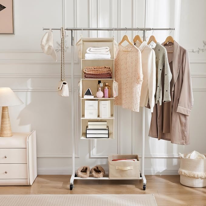 MAX Houser 5 Shelf Hanging Closet Organizer, Space Saver, Cloth Hanging Shelves with 4 Side Pockets, Foldable, Beige