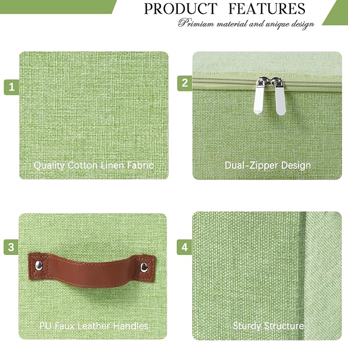 3PCS Fabric Storage Bins with Zipper Lid and Handles Cotton Linen Lidded Storage Boxes Washable Collapsible Organizer Container (Green, Large Size)