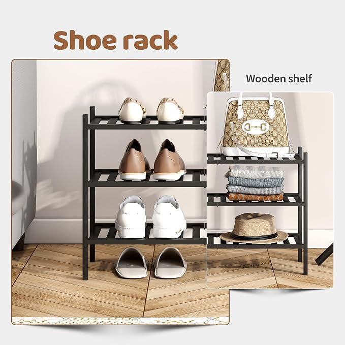 Bamboo Shoe Rack Stackable Shoe Shelf Storage Organizer for Unit Entryway Hallway and Closet Sturdy Freestanding Shoe Shelf(3 Tier Black)