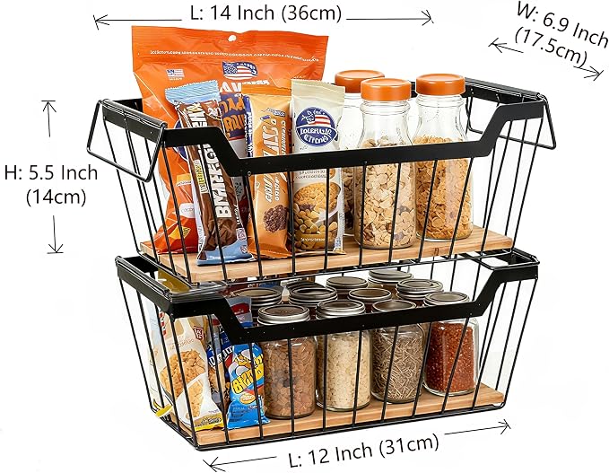 ShabbyDecor Metal Wire Basket with Handles Storage Organizer Stackable Organizing bins for Cabinet Shelf Countertop Under Sink Pantry for Kitchen,Bathroom,Laundry Closet,Set of 2pcs