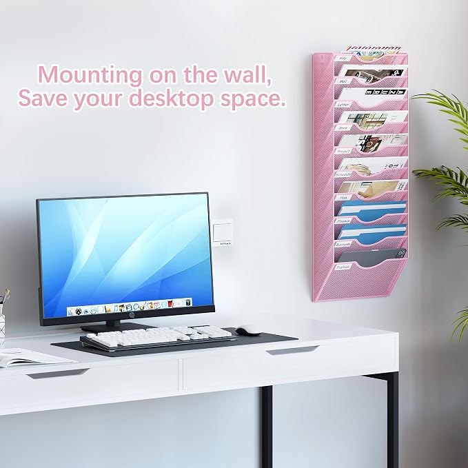 EasyPAG 10 Pocket Mesh Wall File Organizer, Hanging Paper Folder Holder with Classify Label, Vertical Wall Mount Mail Organizer for Office Home Classroom, Pink