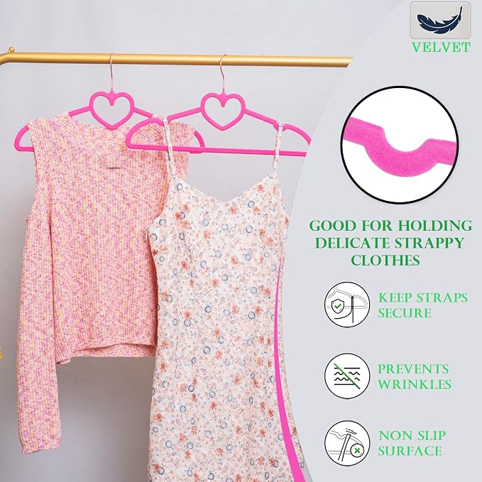 Velvet Hangers 50 Pack,16 Inch Non Slip Adult Heart Hanger(Hot Pink) | 360° Swivel Hooks, Cascade Design, Space Saving