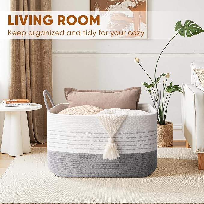OIASKET 75L Large Cotton Rope Storage Basket, Soft Decorative Blanket Basket for Living Room & Bedroom, Boho Laundry Hamper with Handles Capable of Holding Pillows, Clothes and Toys-Grey & White