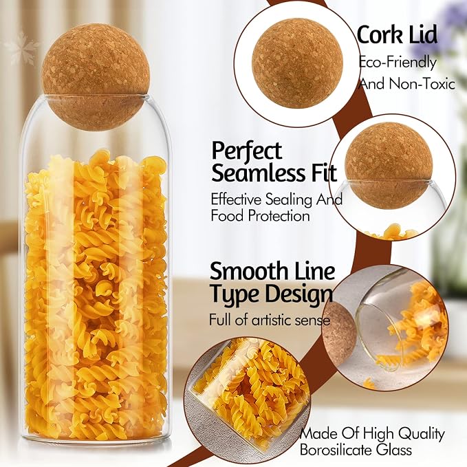 SuproBarware 3Pcs Glass Jar with Round Ball Cork,Coffee Bean Jar Glass Cork Clear Glass Bottles with Cork Glass Canisters for Food, Coffee, Sugar, Spice, Tea,DIY (500ml / 700ml / 1000ml)