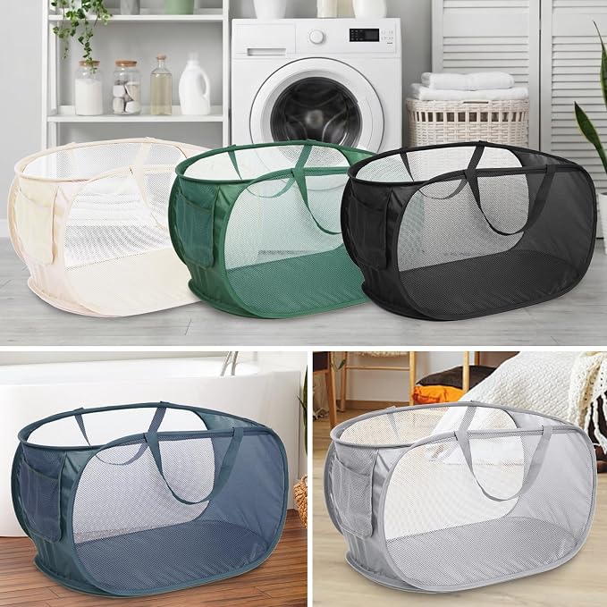 5 Pcs Durable Collapsible Laundry Baskets, Foldable Laundry Basket Large Opening, Pop Up Laundry Hamper with Pocket, Clothes Hamper with Handles for Laundry, Bathroom, Kids Room, Dorm or Trave