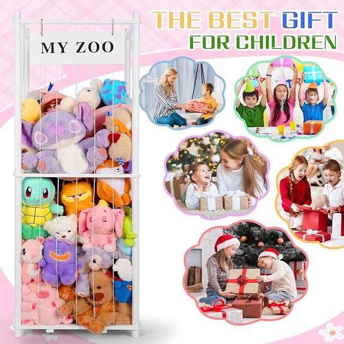 GLDZI Stuffed Animal Storage Zoo, Wooden Stuffed Animal Organizer with Elastic Cords for Boys Girls, Space Saving Toy Plushies Storage Holder for Playroom, Bedroom, Living Room (White, Large)