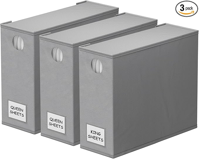 SpaceAid 3 Pack Bed Sheet Organizers and Storage, Foldable Sheet Organizer for Linen Closet, Sheets Set Folder Keeper with Window XL (Queen & King Size) Bedding Container (Gray, 3 Pack)