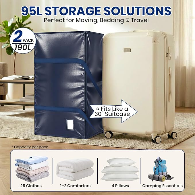 Velway Pack of 2 95L Storage Bags, Heavy-Duty Christmas Warehouse, Blue, Moving Boxes, Large, Foldable with Zip Handle, Waterproof Storage Bag for Moving Bedding, Clothing, Storage