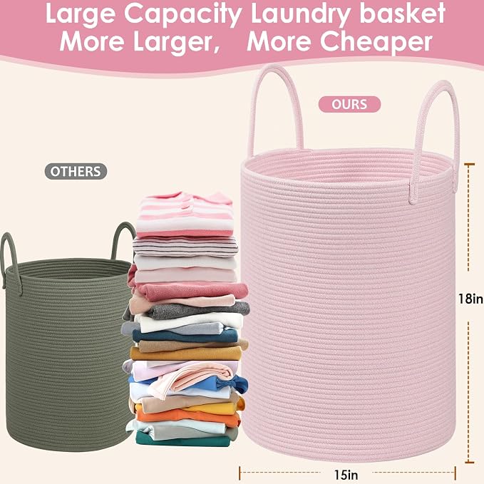 Large Woven Laundry Basket Hamper,100L Cotton Rope Storage Bin for Blankets,Toys and Clothes,Decorative Tall Nursery Hamper for Living Room,Baby Nursery,Bathroom and Bedroom,(Pink, XX Large)