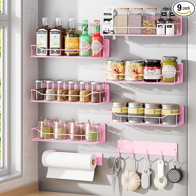 Magnetic Spice Rack for Refrigerator, 9 Pack Magnetic Fridge Shelves W/Adjustable Paper Towel Holder, Hook Rack, Moveable Spice Organizer Shelf for Kitchen Organization and Storage (Pink)