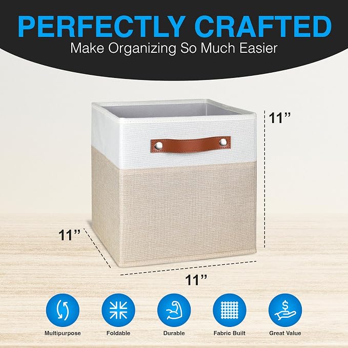 11 Inch Cube Storage Bin - 6 Pack - Linen Fabric 11x11 Cube Storage Bins for Bedroom, Living Room, Clothes and Toys; Foldable, Dual Leather Handles