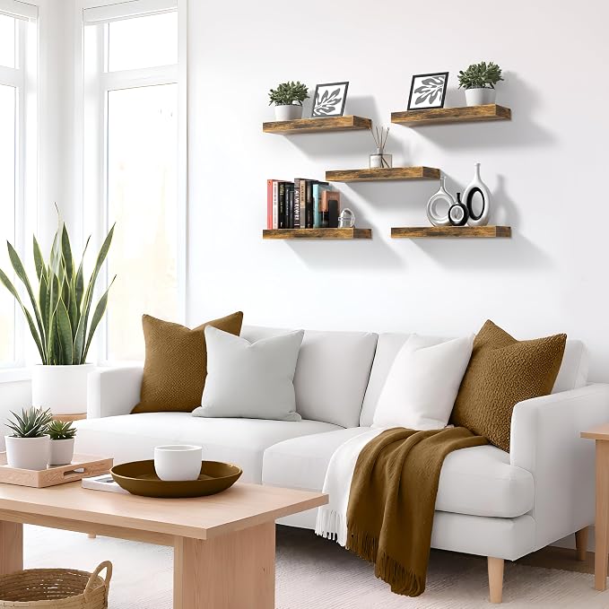 Sorbus Floating Shelves for Wall – 16 Inch Floating Shelf for Kitchen, Bedroom, Living Room, Bathroom, Home & Wall Decor - Mounted Bathroom Shelves with Invisible Brackets (Rustic Brown, 4 Pack)