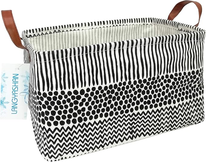 Rectangular Collapsible Storage Basket Nursery Organizer Black Line | Storage Bin Foldable Canvas with Handles for Organizing Home Kitchen Children Toys Office Closet Shelf Baskets