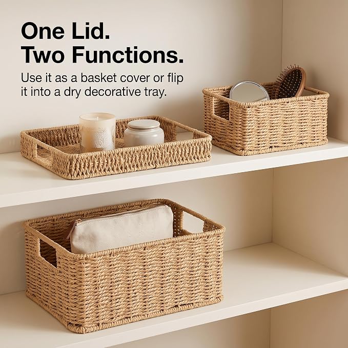 Wicker Storage Basket with Lid - Woven Basket for Storage,Rectangular Decorative Boxes Bins with Lids for Shelves,living room, Nursery, 2 baskets+1 lid(Natural)