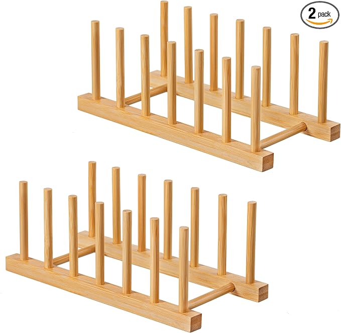 HBlife 2pcs Bamboo Dish Plate Bowl Cup Book Pot Lid Cutting Board Drying Rack Stand Drainer Storage Holder Organizer Kitchen Cabinet（Keep Dry）