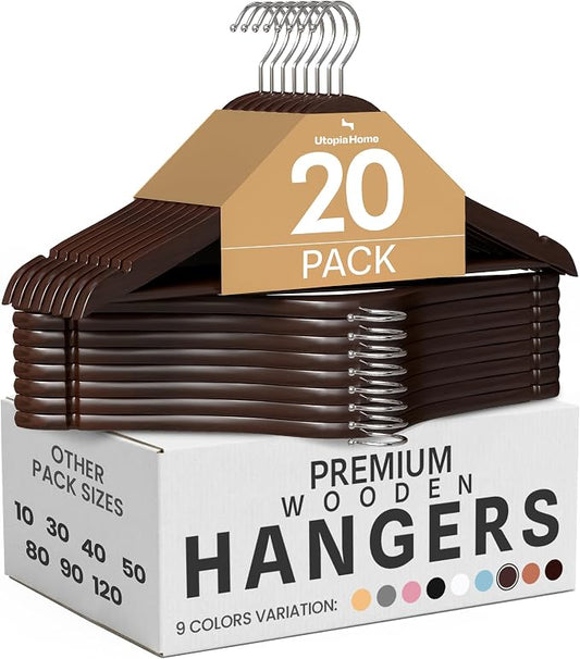 Utopia Home Premium Wooden Hangers 20 Pack - Durable & Slim Coat Hanger - Suit Hanger with 360-Degree Rotatable Hook - Wood Hangers with Shoulder Grooves (Brown Color)