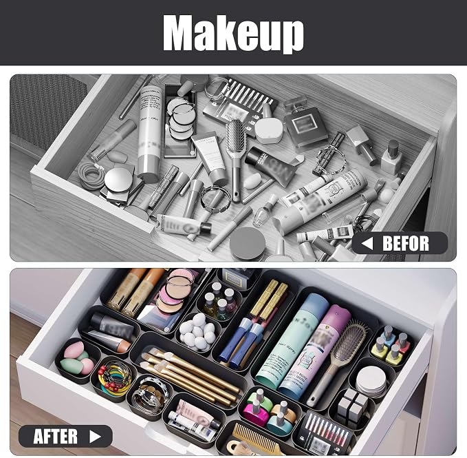 Drawer Organizers Bins 10 PCS for Bathroom Makeup Desk Office | with Non-slip Pads, 3 Sizes, Plastic Tray, Vanity Organizer, Kitchen Utensils Organizer