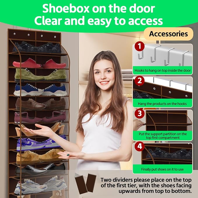 PAULONE 12 Pocket Over the Door Shoe Organizer,Reusable Breathable Large Mesh Bag Men's & Women's Sneaker Organizer,Shoe Organizer for Kids,Hanging Shoe Storage Hanging Bag (Coffee brown)