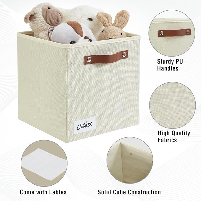 Bagnizer Collapsible Fabric Storage Cube Bins with 2 Reinforced PU Handles, Foldable Storage Organizer Baskets for Closet, Shelves, Living Room | 11"x11"x11", 4 Pack, Full Beige